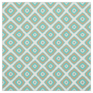 Turquoise Oranje Diamond Squares Ikat Pattern Stof