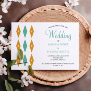 Turquoise Oranje Diamond Star Mid Century Wedding Kaart