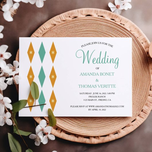 Turquoise Oranje Diamond Star Mid Century Wedding Kaart