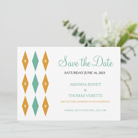 Turquoise Oranje Diamonds Mideeuw redt de datum Kaart (Staand voorkant)