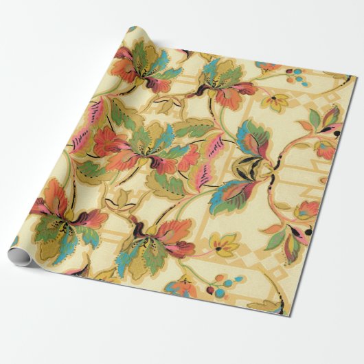  Turquoise Oranje Floral Wallpaper Pattern Cadeaupapier (Uitgerold)