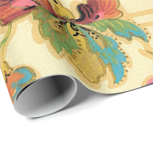  Turquoise Oranje Floral Wallpaper Pattern Cadeaupapier (Rol Hoek)