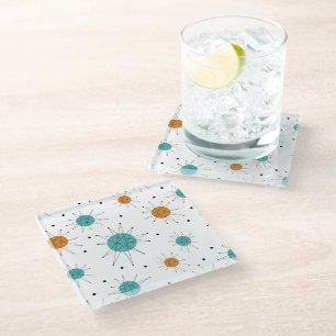 Turquoise Oranje Franciscan Starburst Mid Century Glazen Onderzetter