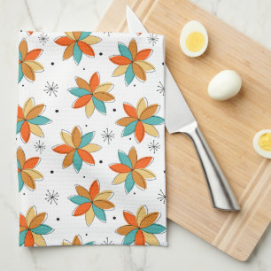 Turquoise Oranje Geel Abstracte Bloemen Mid Mod Theedoek