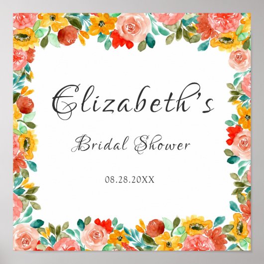 Turquoise Oranje Geel Geschilderde Pioen Bruiloft  Poster (Voorkant)