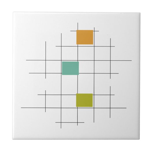 Turquoise Oranje Green Lines Squares mid Century Tegeltje (Voorkant)