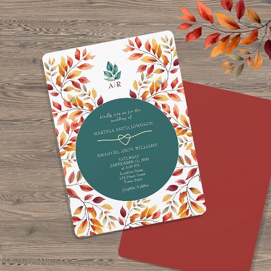 Turquoise Oranje Herfst Bruiloft Kaart