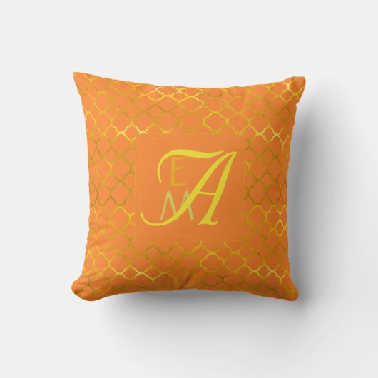 Turquoise Oranje Klavertjevier MONOGRAM Gouden Huw Kussen (Voorkant)