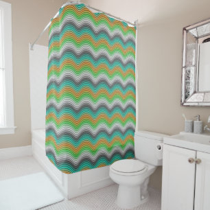 Turquoise Oranje Lime Green Retro Waves Pattern Douchegordijn