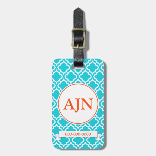 Turquoise Oranje monogram Bagagelabel (Voorkant verticaal)