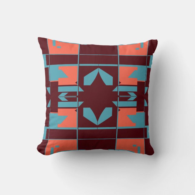 Turquoise Oranje Plum Abstract Checkerboard Motif Kussen (Voorkant)