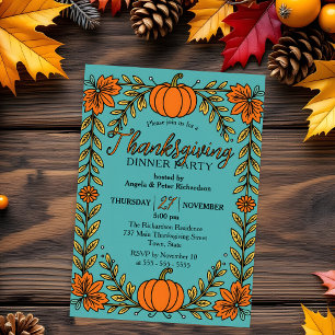 Turquoise Oranje Pompoen Thanksgiving Diner Kaart