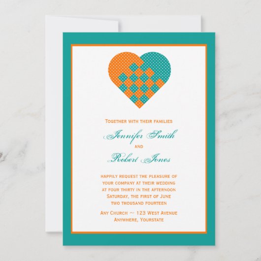Turquoise Oranje Ribbon Heart Wedding Invitation Kaart (Voorkant)