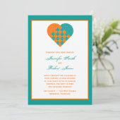 Turquoise Oranje Ribbon Heart Wedding Invitation Kaart (Staand voorkant)