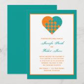 Turquoise Oranje Ribbon Heart Wedding Invitation Kaart (Voorkant / Achterkant)