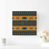 Turquoise Oranje Southwest Tribal Aztec Design Vierkante Klok (Huis)