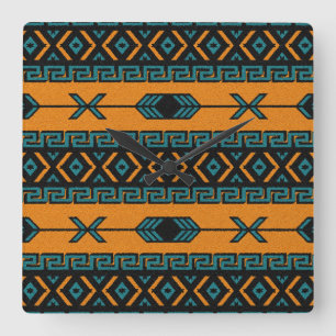Turquoise Oranje Southwest Tribal Aztec Design Vierkante Klok