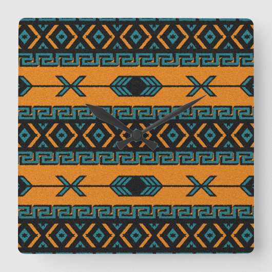 Turquoise Oranje Southwest Tribal Aztec Design Vierkante Klok (Voorkant)