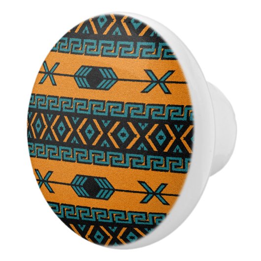 Turquoise Oranje Southwest Tribal Aztec Pattern Keramische Knop (Rechts)