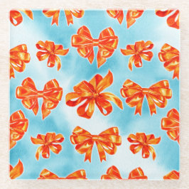 TURQUOISE & ORANJE VALBLADEREN BOGEN POMPOENEN GLAZEN ONDERZETTER