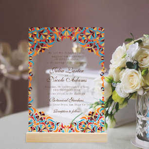 Turquoise Oranje Whimsical Bloem Mandala Bruiloft Acryl Uitnodigingen