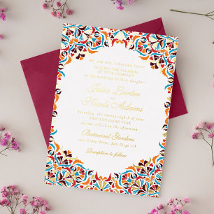 Turquoise Oranje Whimsical Bloem Mandala Bruiloft Folie Uitnodiging