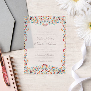 Turquoise Oranje Whimsical Bloem Mandala Bruiloft Vellum Uitnodigingen
