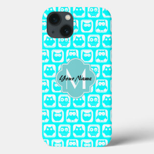 Turquoise Owl Pattern Aqua Persoonlijke naam iPhone 13 Hoesje