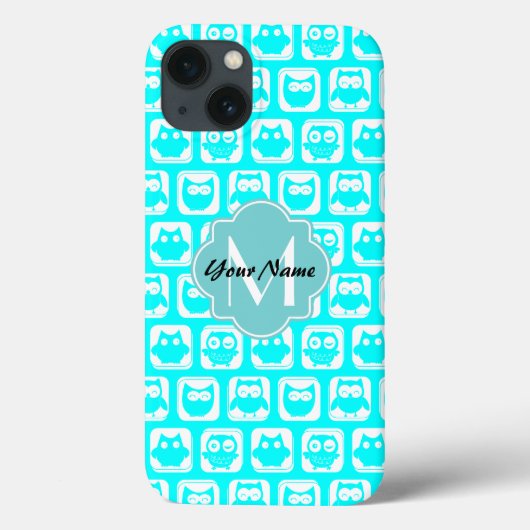 Turquoise Owl Pattern Aqua Persoonlijke naam Case-Mate iPhone Case (Achterkant)