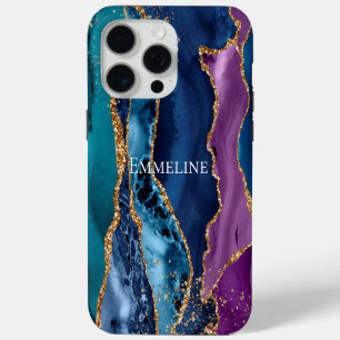 Turquoise Paars Blauw Goud Glitter Marmer iPhone 15 Pro Max Case