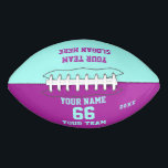 Turquoise Paars Football met Naam, Aantal, Team<br><div class="desc">Creëer uw eigen douane wit rood Football met Naam, Aantal, de Naam van het Team, Slogan en Jaar. Pas deze eenvoudige klassieke sjabloon van het football met uw douanebericht, naam, teamnaam en jaar aan. Eenvoudig personaliseer het voor een coole sportkeepasis. Creëer je unieke persoonlijke cadeau voor coach, jongensverjaardag, football speler,...</div>