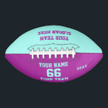 Turquoise Paars Football met Naam, Aantal, Team<br><div class="desc">Creëer uw eigen douane wit rood Football met Naam, Aantal, de Naam van het Team, Slogan en Jaar. Pas deze eenvoudige klassieke sjabloon van het football met uw douanebericht, naam, teamnaam en jaar aan. Eenvoudig personaliseer het voor een coole sportkeepasis. Creëer je unieke persoonlijke cadeau voor coach, jongensverjaardag, football speler,...</div>
