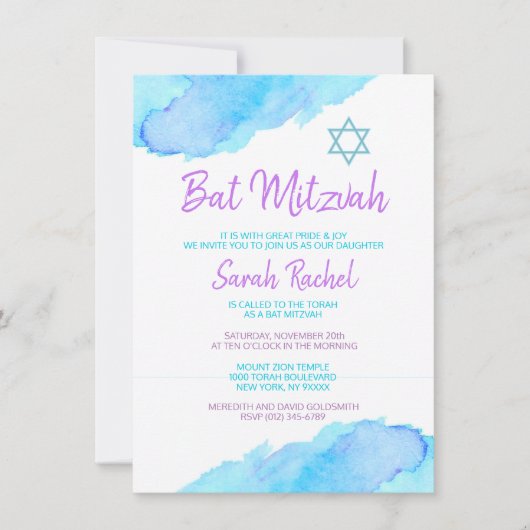 Turquoise Paarse Bat Mitzvah Kaart (Voorkant)