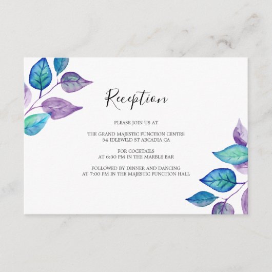 Turquoise Paarse bladeren bruiloft receptie Informatiekaartje (Voorkant)