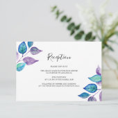 Turquoise Paarse bladeren bruiloft receptie Informatiekaartje (Staand voorkant)
