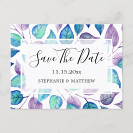 Turquoise Paarse bladeren bruiloft Save the Date Aankondigingskaart
