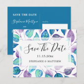 Turquoise Paarse bladeren bruiloft Save the Date Aankondigingskaart (Voorkant / Achterkant)