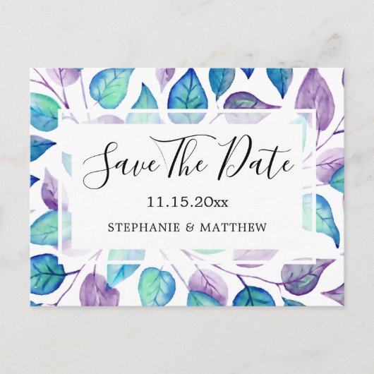 Turquoise Paarse bladeren bruiloft Save the Date Aankondigingskaart (Voorkant)