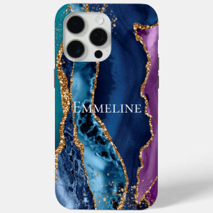 Turquoise Paarse Blauw Gouden Glitter Marmer iPhone 15 Pro Max Case