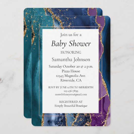 Turquoise Paarse Blauw Gouden Glitter Marmer Kaart (Voorkant / Achterkant)