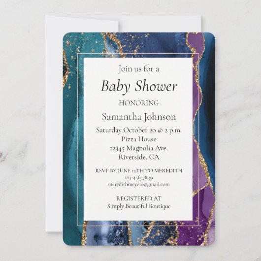 Turquoise Paarse Blauw Gouden Glitter Marmer Kaart (Voorkant)