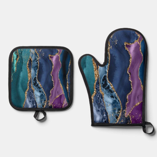 Turquoise Paarse Blauw Gouden Glitter Marmer Ovenwant & Pannenlap Set (Voorkant)