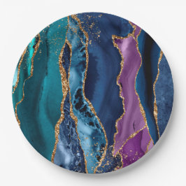 Turquoise Paarse Blauw Gouden Glitter Marmer Papieren Bordje