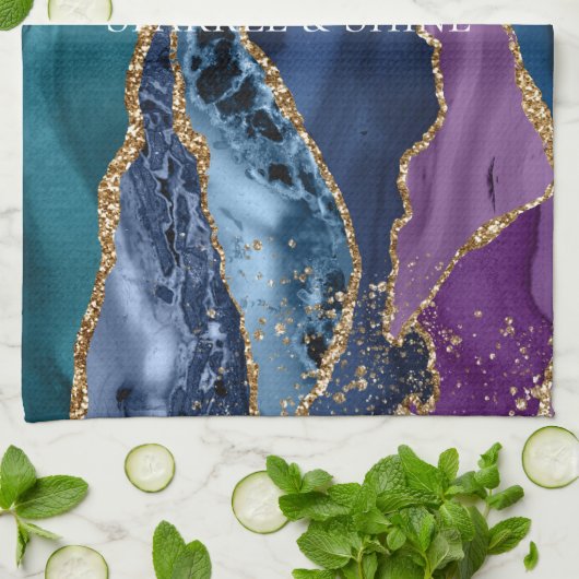 Turquoise Paarse Blauw Gouden Glitter Marmer Theedoek (Gevouwen)
