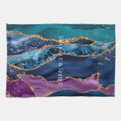 Turquoise Paarse Blauw Gouden Glitter Marmer Theedoek (Horizontaal)