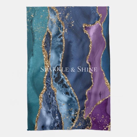 Turquoise Paarse Blauw Gouden Glitter Marmer Theedoek (Verticaal)