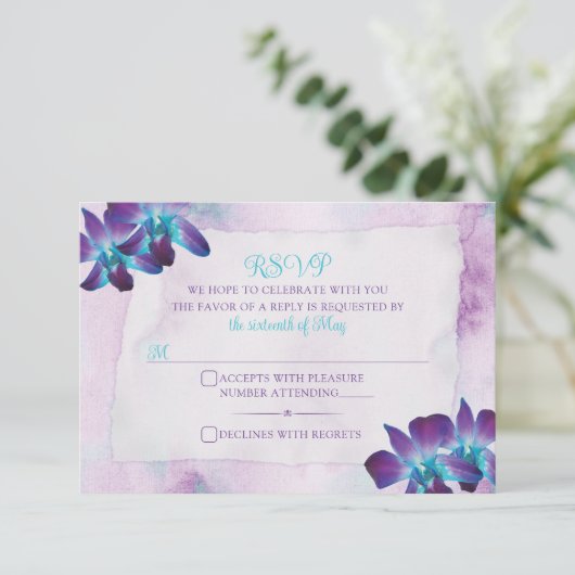 Turquoise Paarse Blauwe Dendrobium Orchidee Bruilo RSVP Kaartje (Staand voorkant)