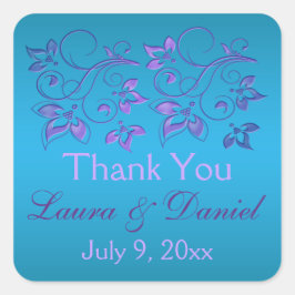 Turquoise, Paarse Bloemen 1,5" sq. Bruiloft Sticke Vierkante Sticker