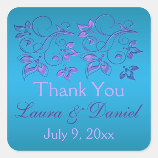 Turquoise, Paarse Bloemen 1,5" sq. Bruiloft Sticke Vierkante Sticker (Voorkant)