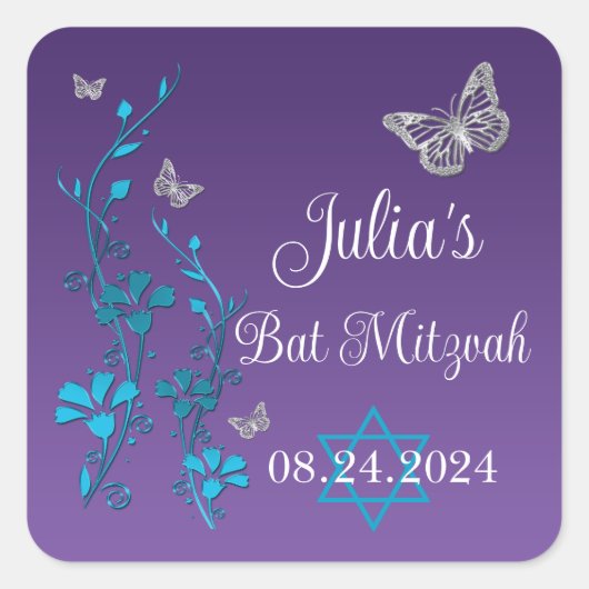 Turquoise, Paarse Bloemen, Vlinders Bat Mitzvah Vierkante Sticker (Voorkant)
